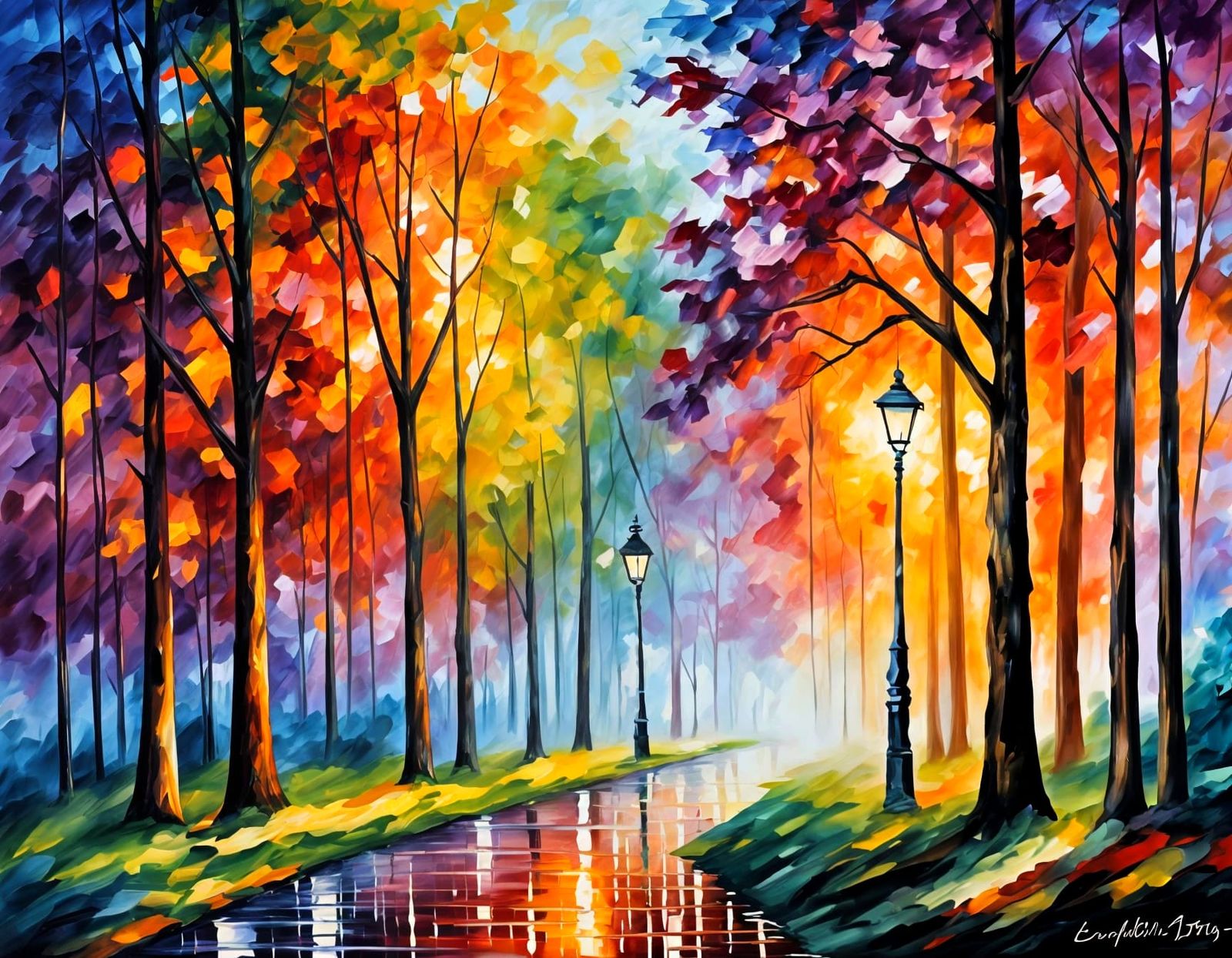 Vibrant Impasto Landscape with Setting Sun