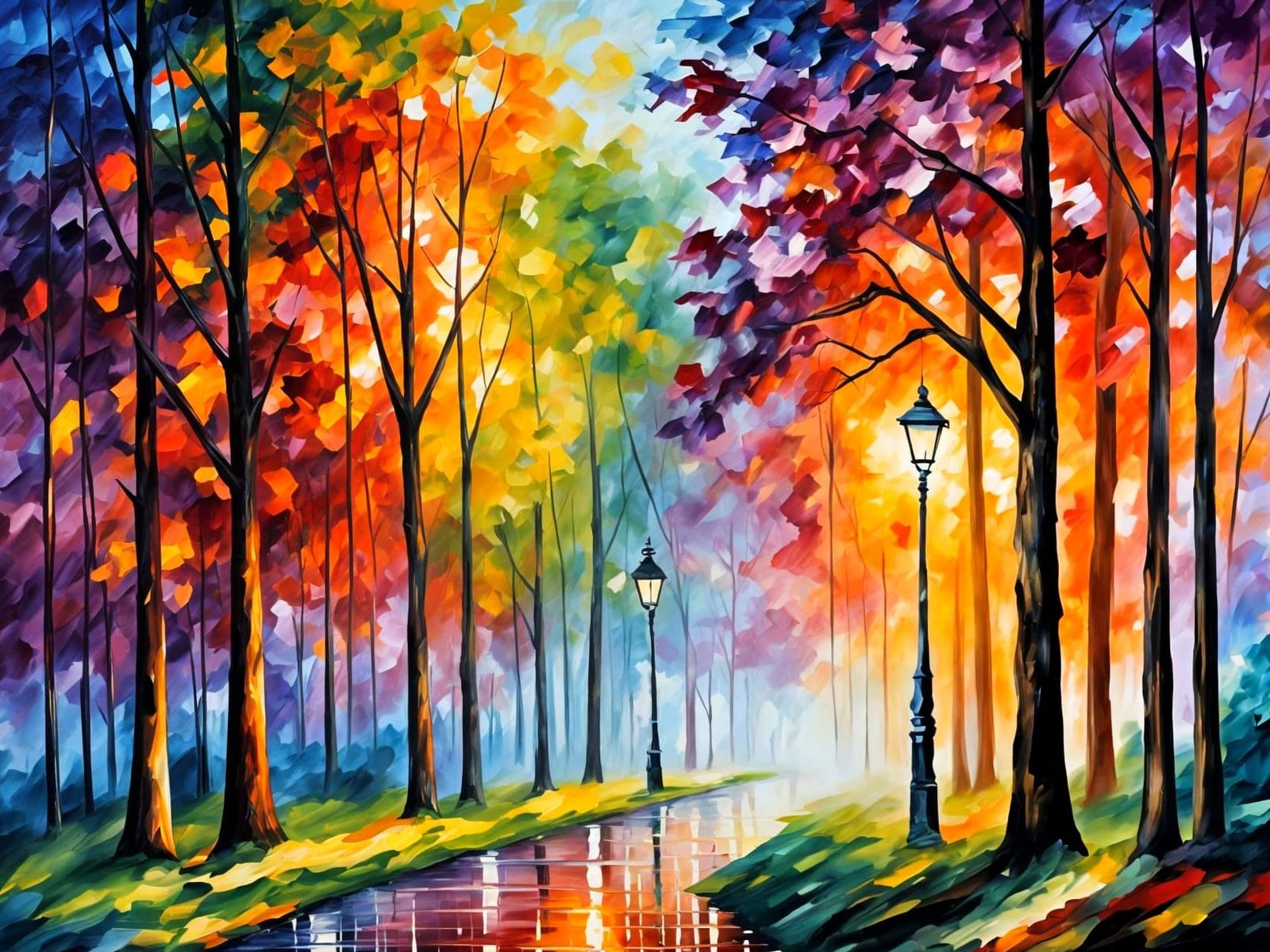 Vibrant Impasto Landscape with Setting Sun