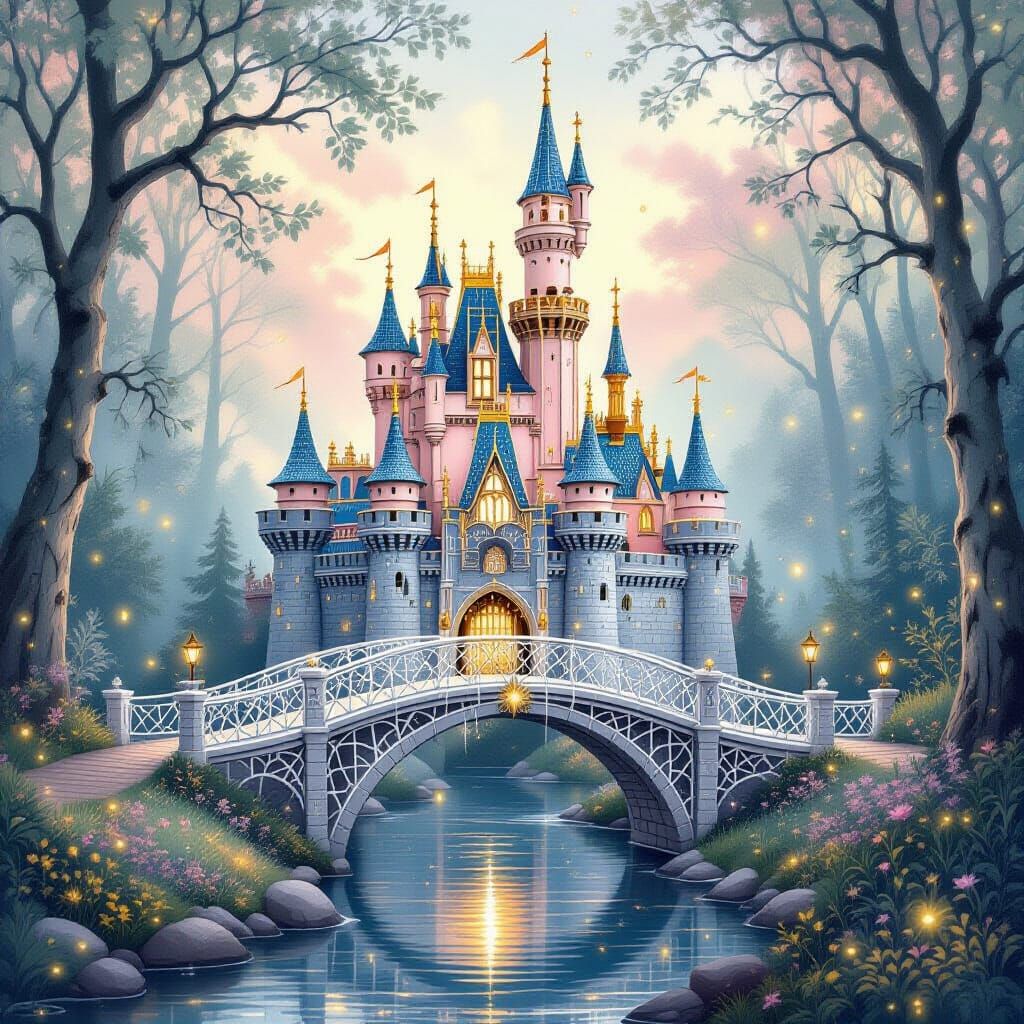 Enchanted Silver Castle of Spider Webs in Pastel Forest