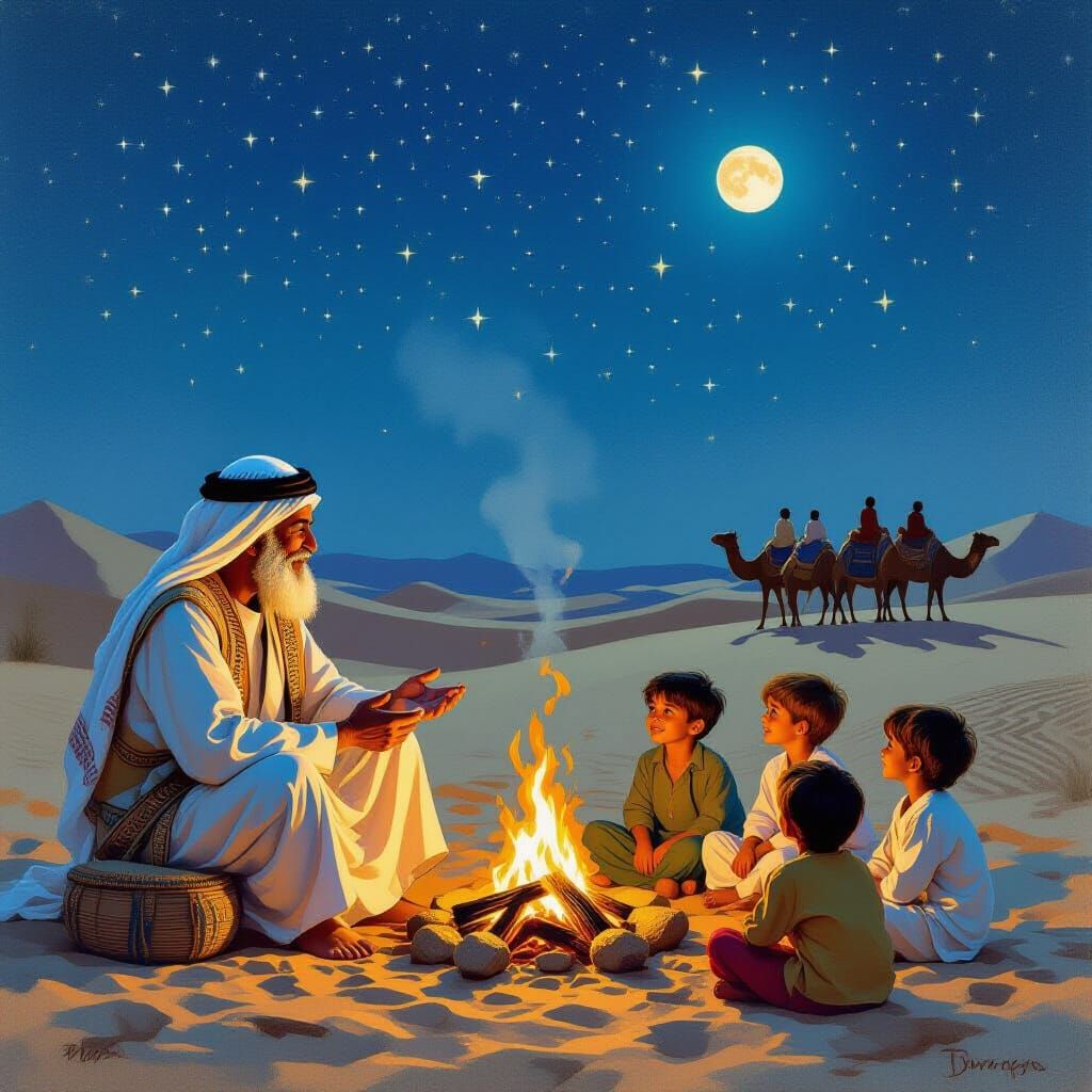 Bedouin Storyteller Under Starlit Sky, Arabian Nights Illust...