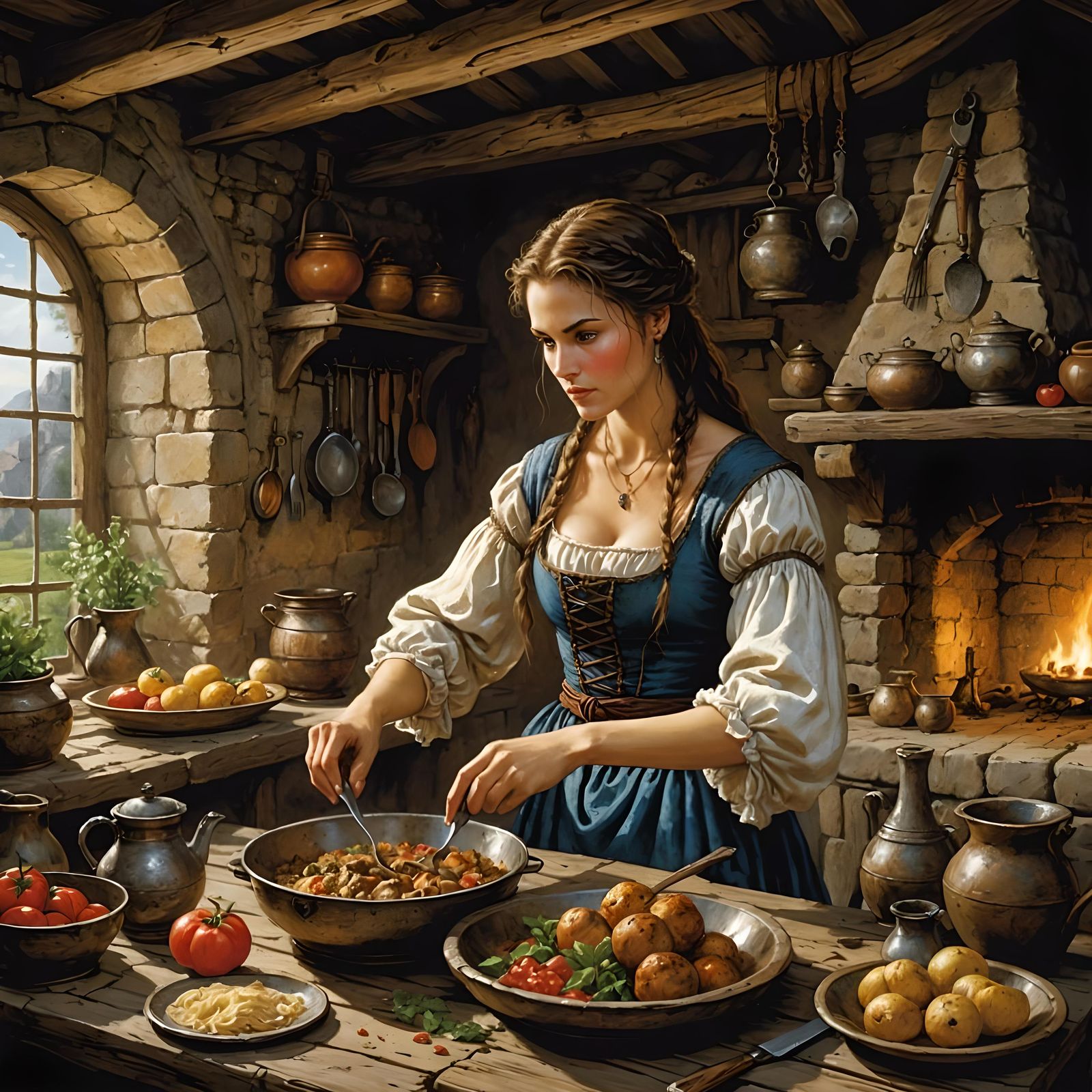 Medieval Mother and Children: Comic Book Illustration