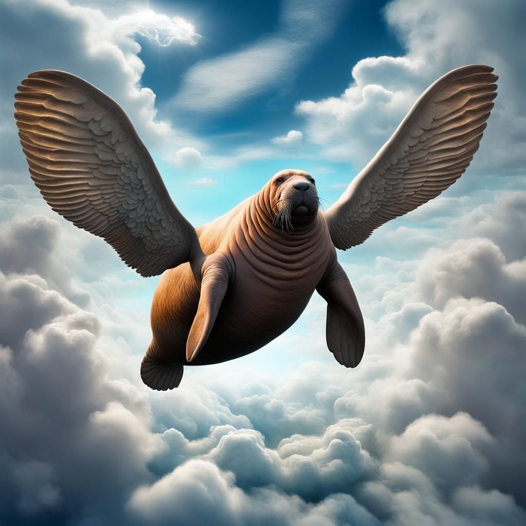 Walrus with Angel Wings Ascending to Heaven