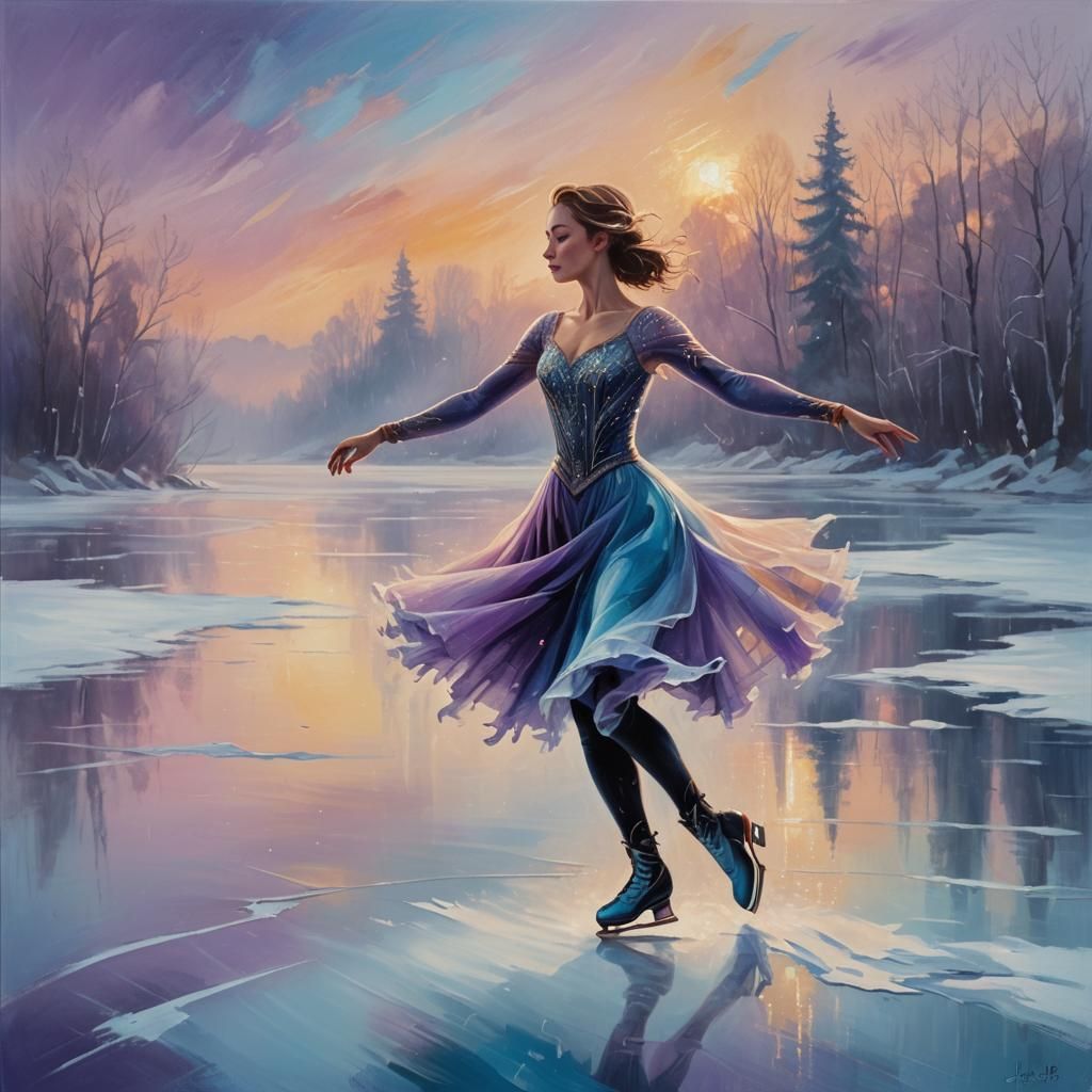 Ice Skating Dancer on Frozen Lake as Oil Painting