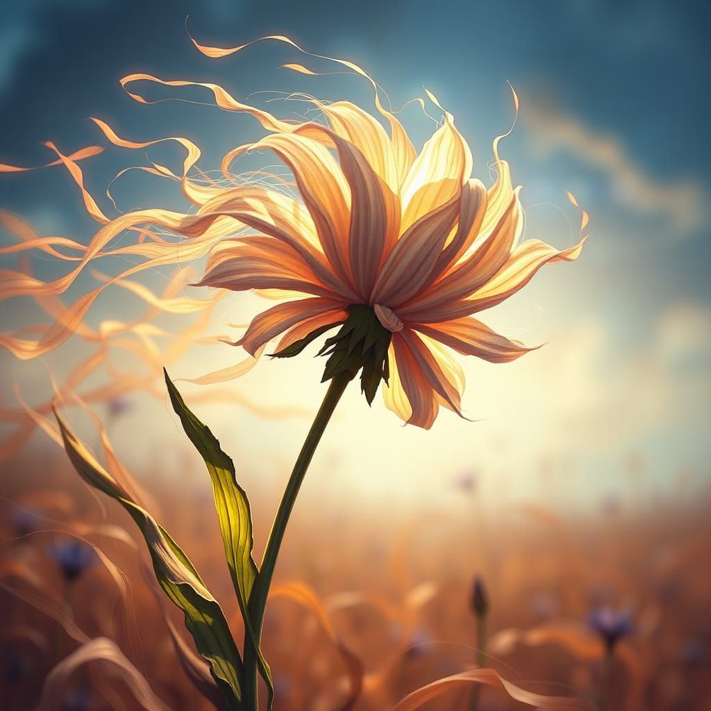 Cornflower Bends in Windy Field: Digital Illustration