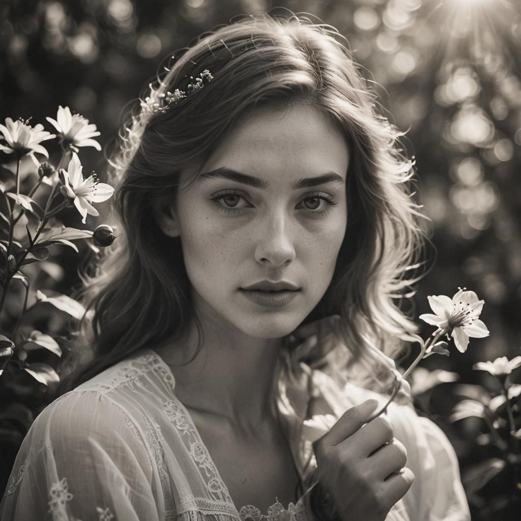 Impressionistic Black and White Portrait of Woman with Flowe...