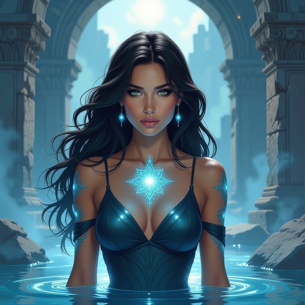 Celestial Ink Woman in Mystical Ruins Splash Art