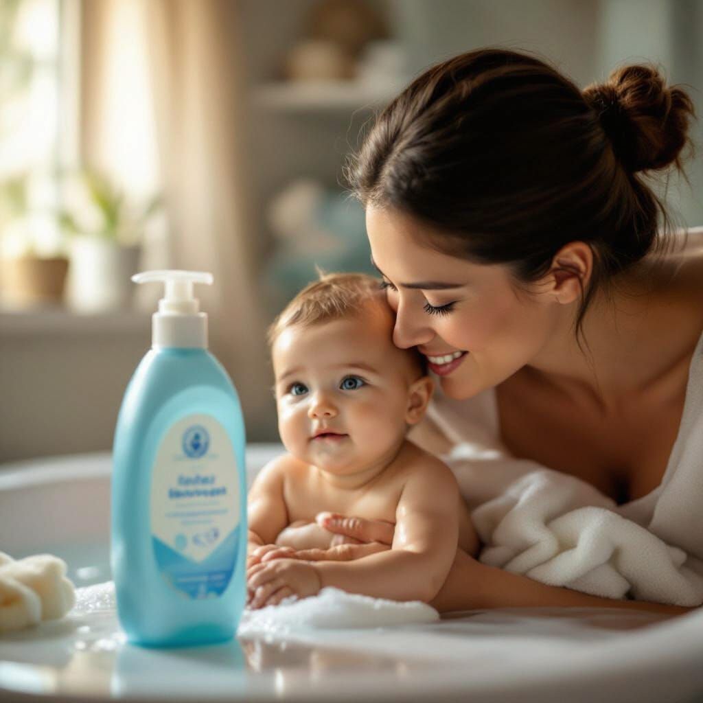 Mother Bathes Baby in Soft Focus Photographic Style