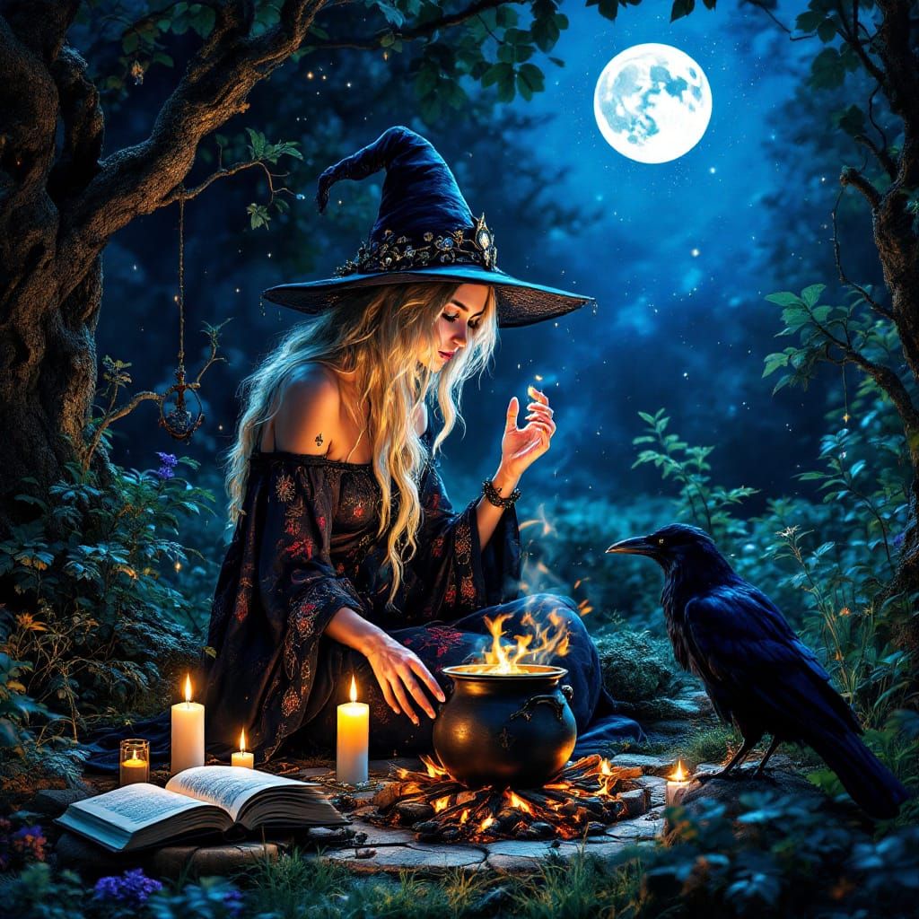 Witch Casting Spells Under Moonlight in Garden