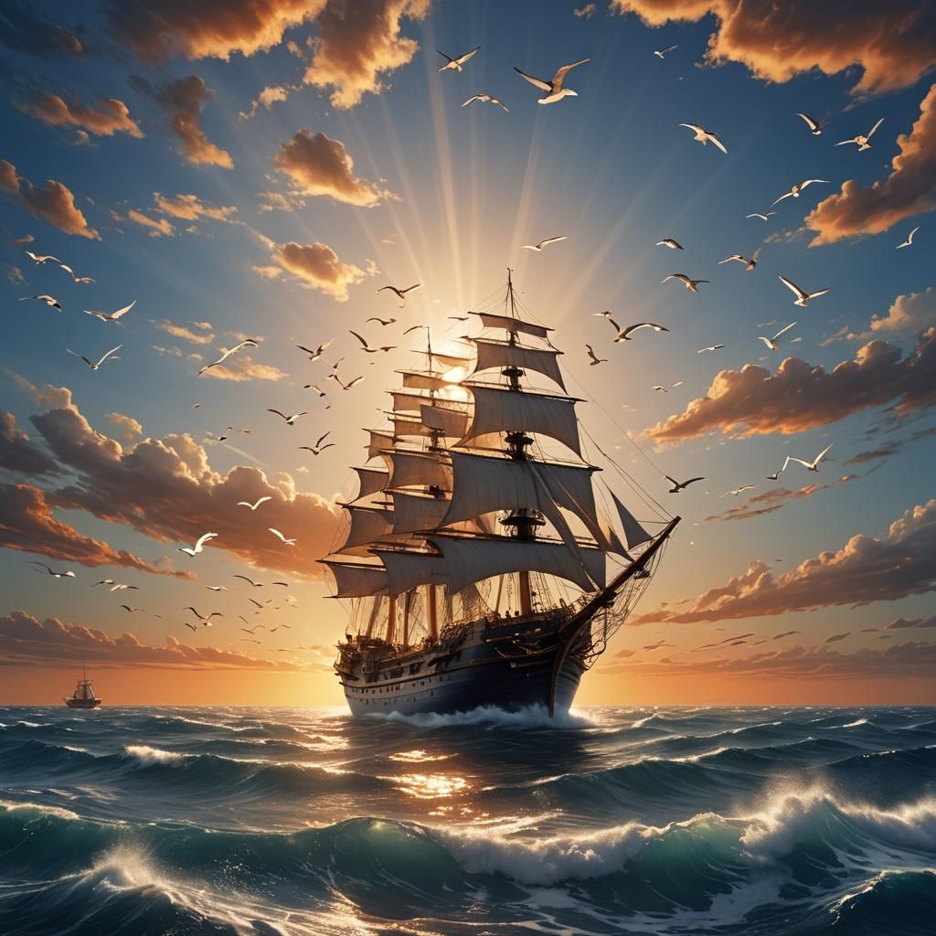 Magnificent Ship Sails Towards a Vibrant Sunset