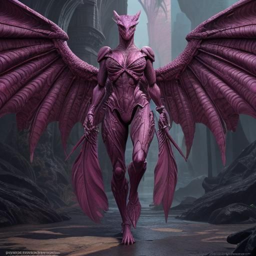 Pink Reptilian Humanoid with Feather Wings, Detailed Art