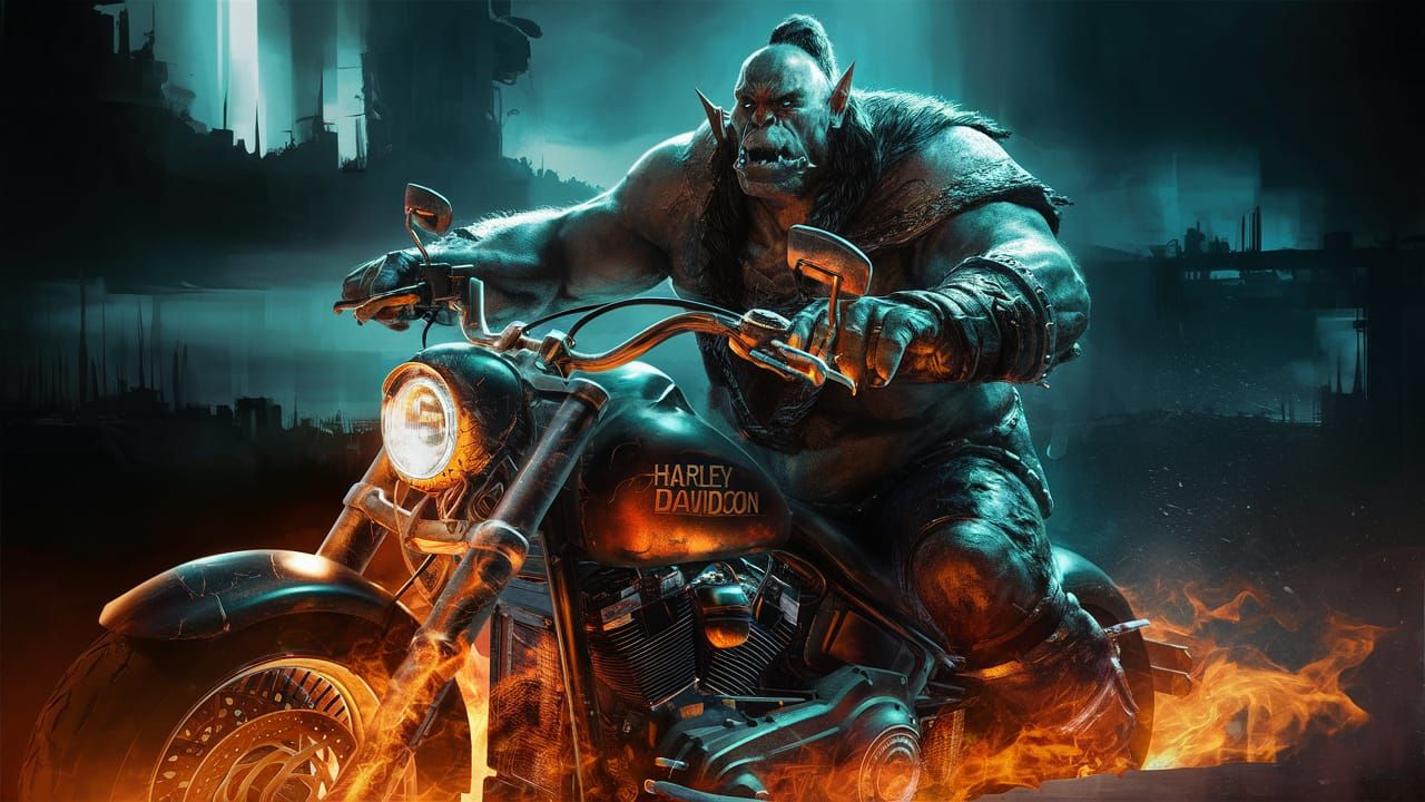 Orc on Fiery Motorcycle in Dystopian City