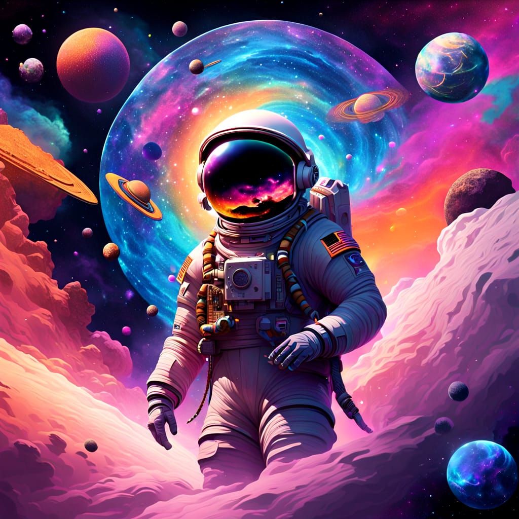 Astronaut Adrift in Nebula with Egyptian Structure