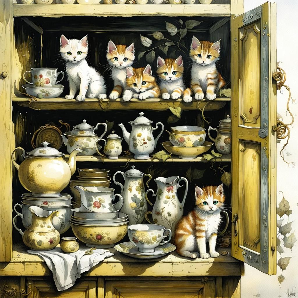 Kittens Overflowing from Cupboard, Detailed Fantasy Art