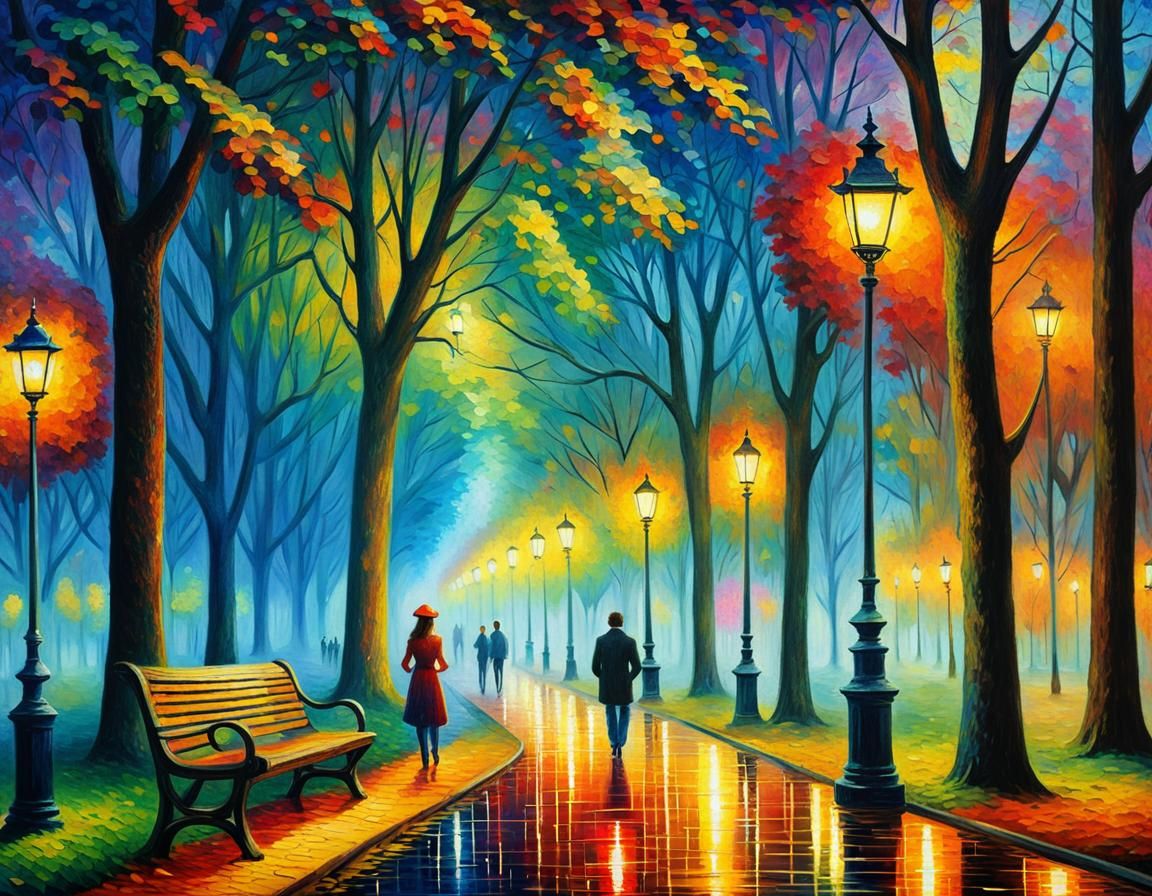 Lovers in Lamp-Lit Park: Pointillist Dreamscape