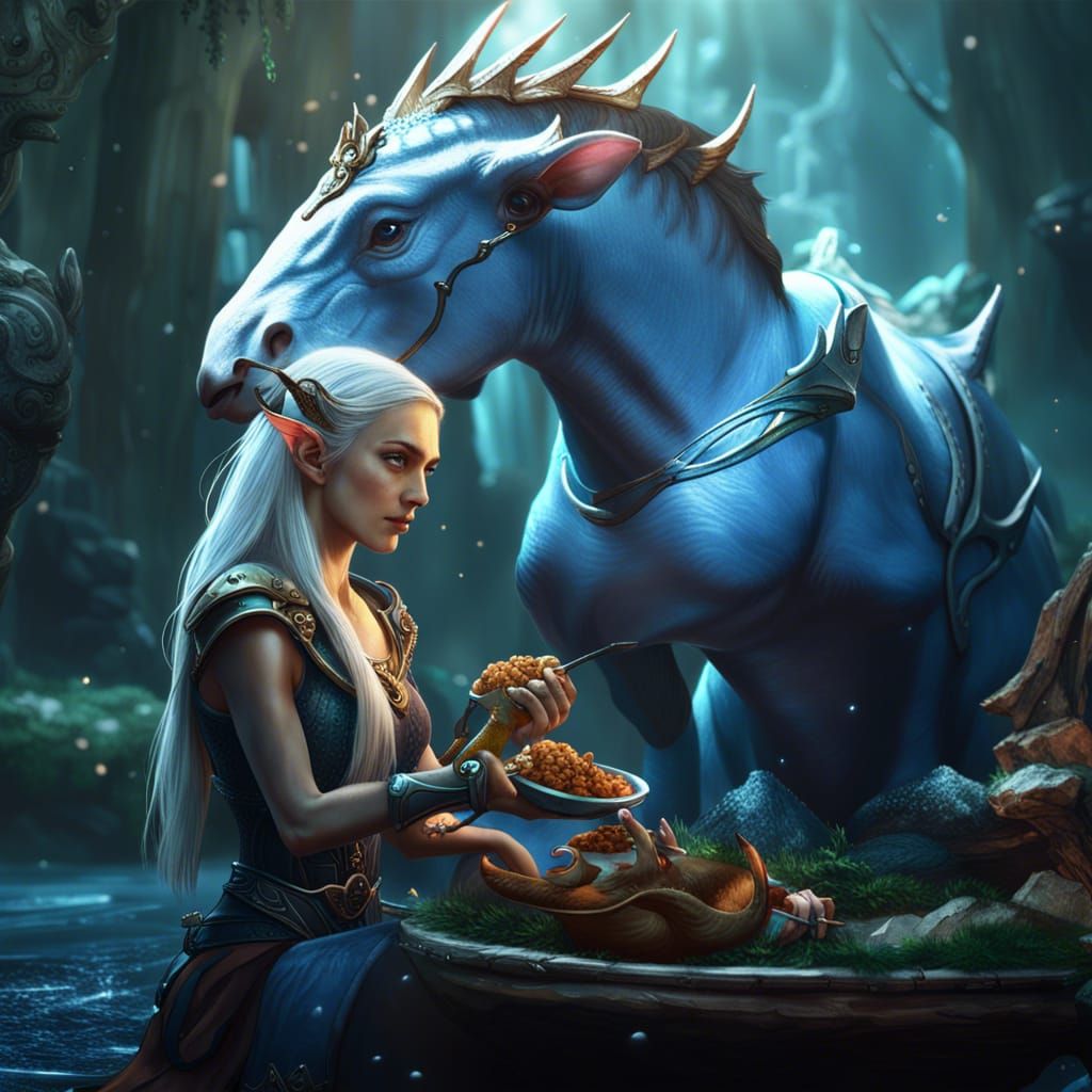 Elf feeding her pet waterhorse