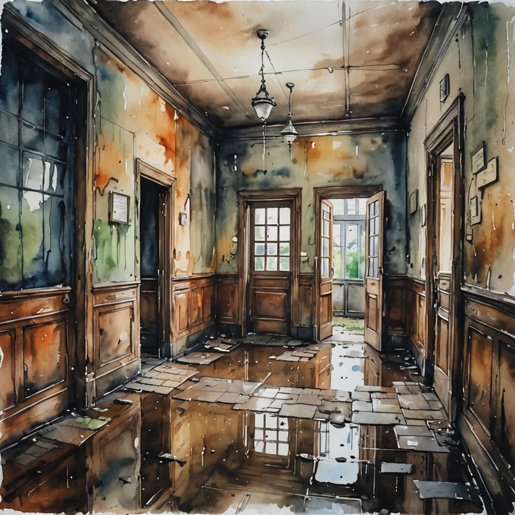 Watercolor of Abandoned Psychiatric Clinic