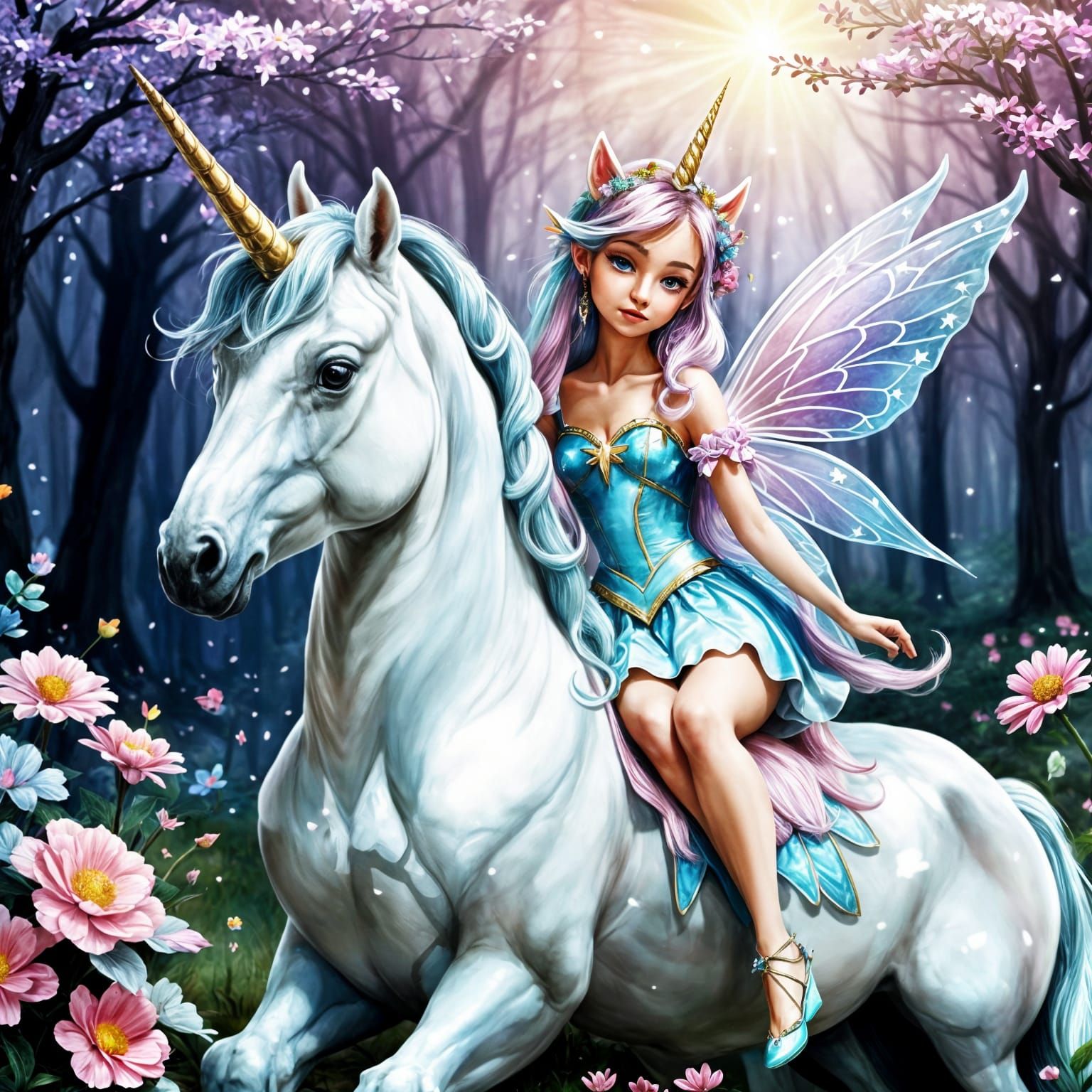 Fairy Riding Unicorn in Enchanted Forest