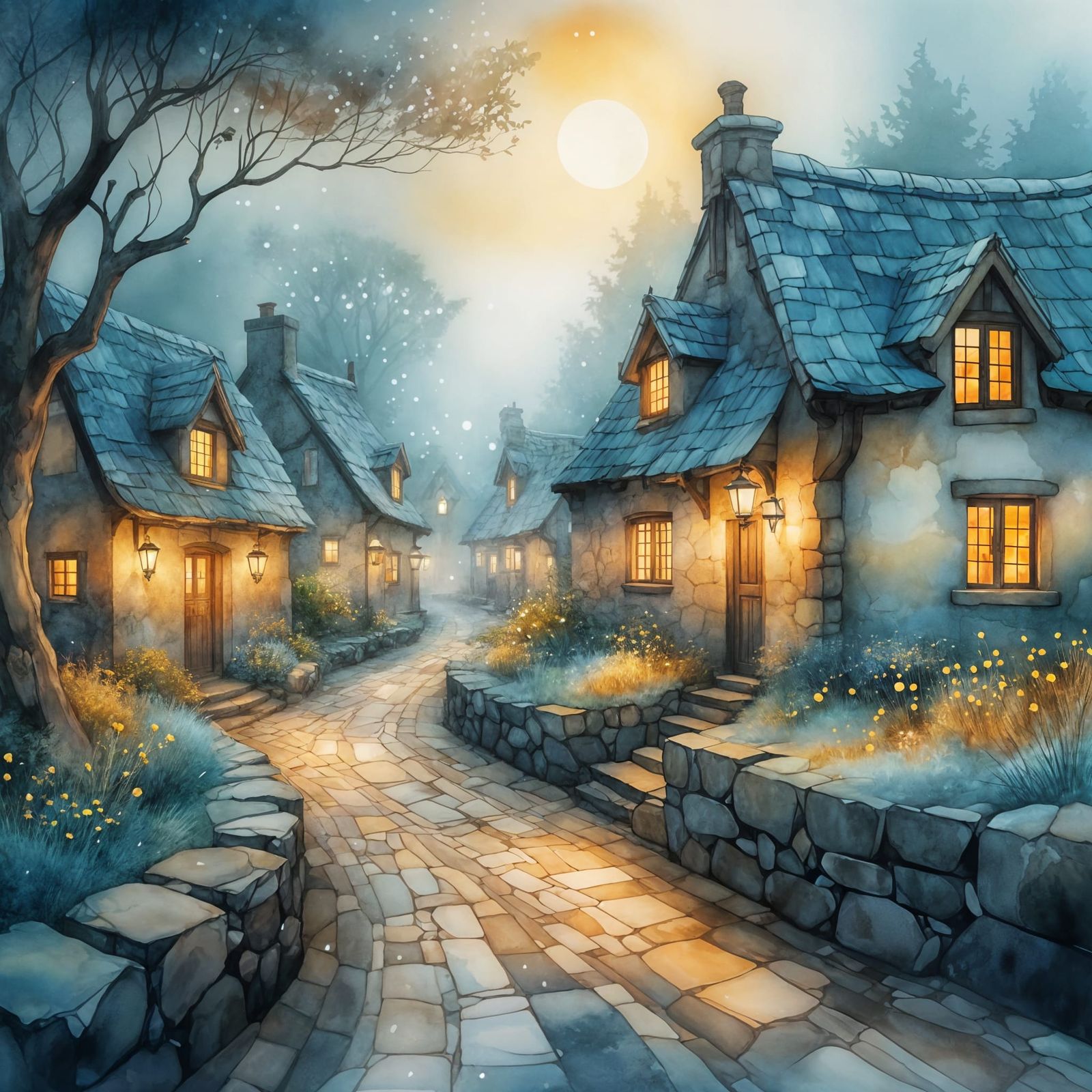 Peaceful Evening Village Path with Glowing Lanterns