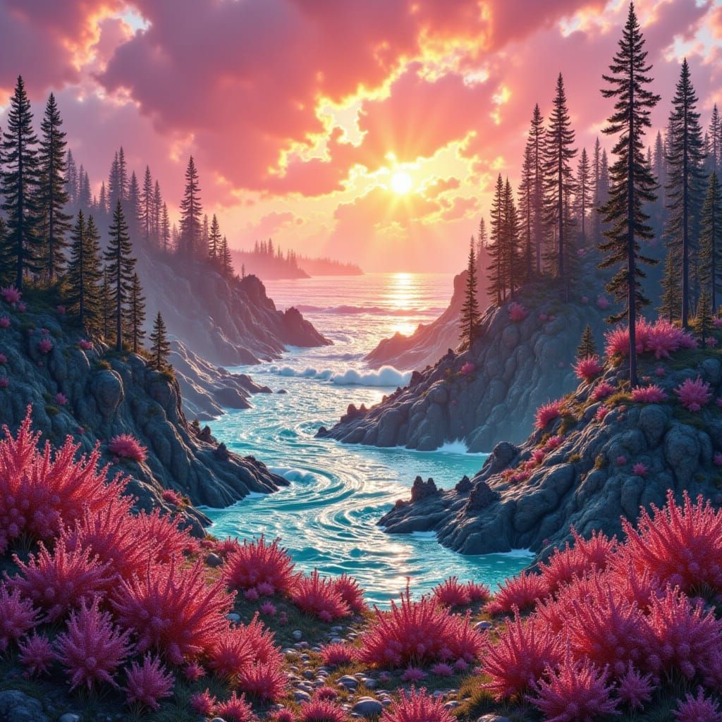 <lora:Paint Splash:1.0> .black, cherry red, teal , cream tones.
a fantasy landscape, low angle leading to the sea.  flat...