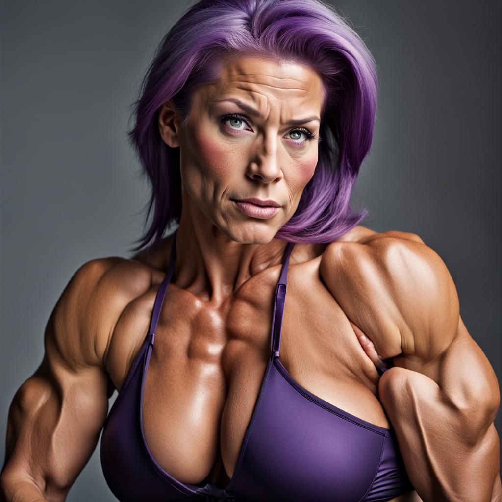 Purple-Haired Bodybuilder Portrait with Bokeh