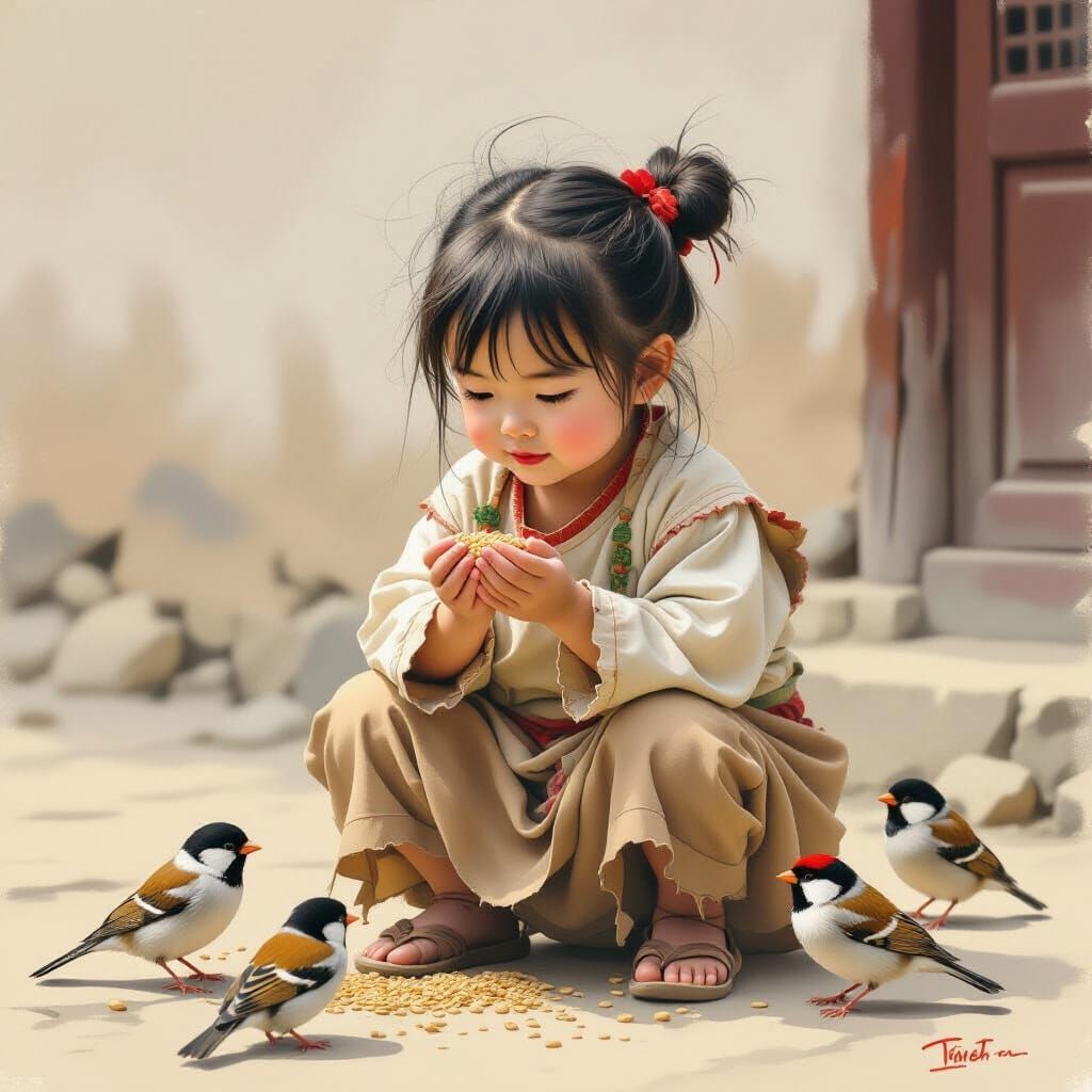 Impressionistic Chinese Girl Feeding Sparrows