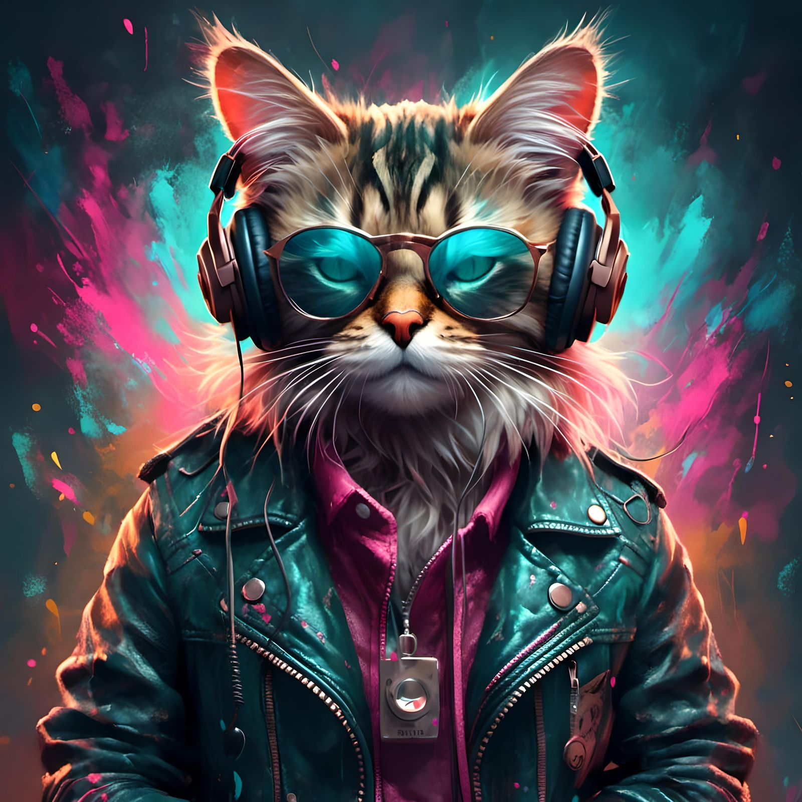 Stylish Cat Listening to Music in Dark Room