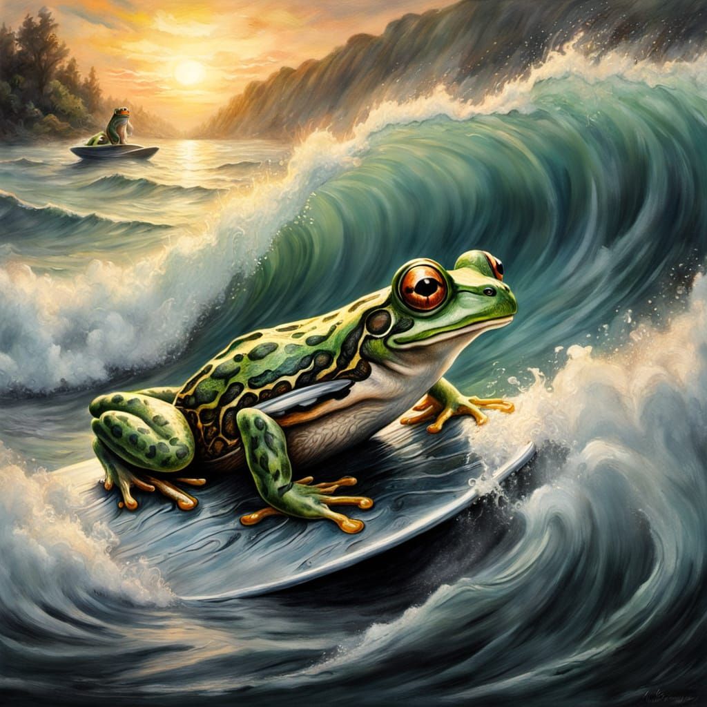 Frog Surfing: Hyperdetailed Ethereal Gouache Drawing