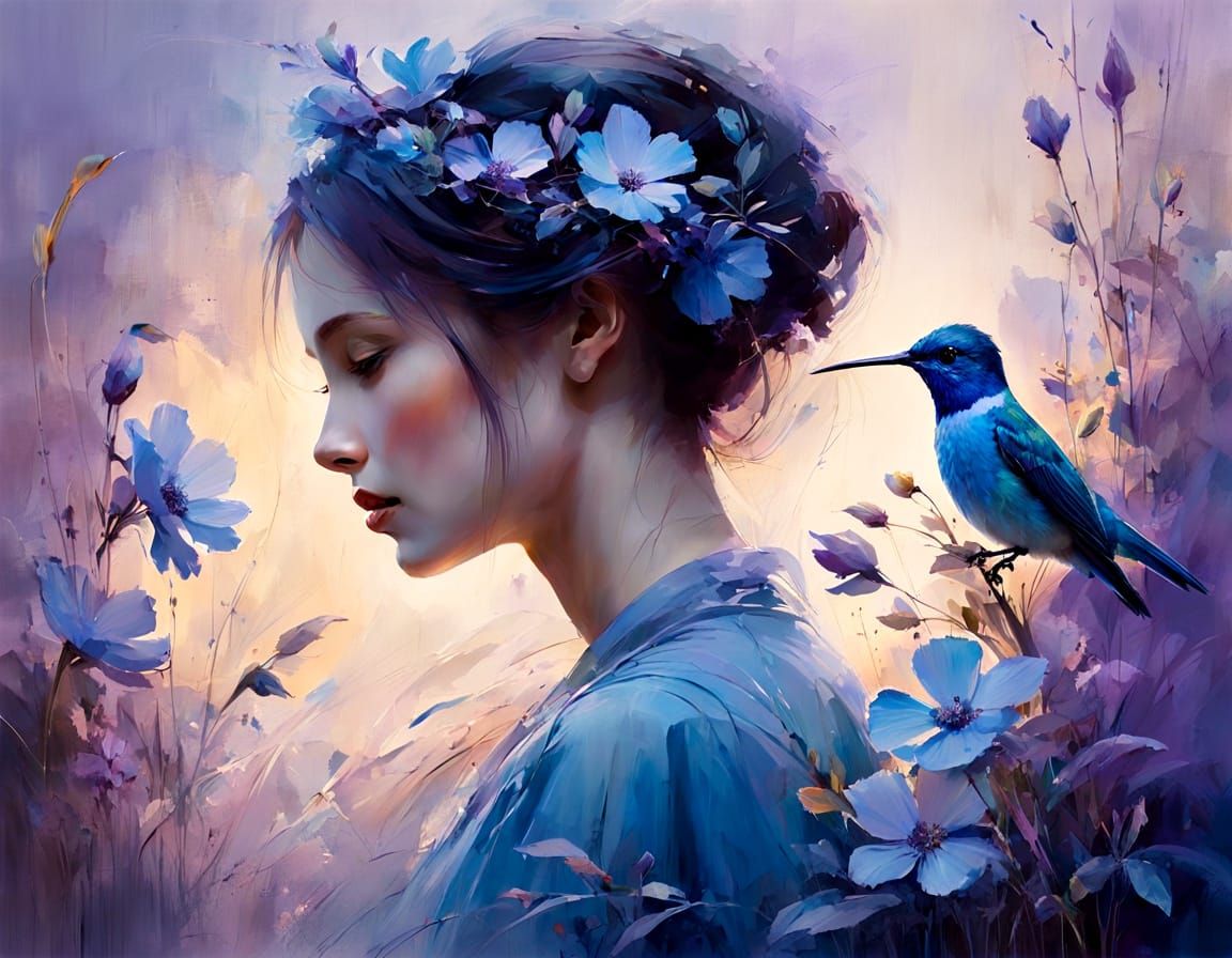 Blue Hummingbird and Translucent Flowers in Soft Light