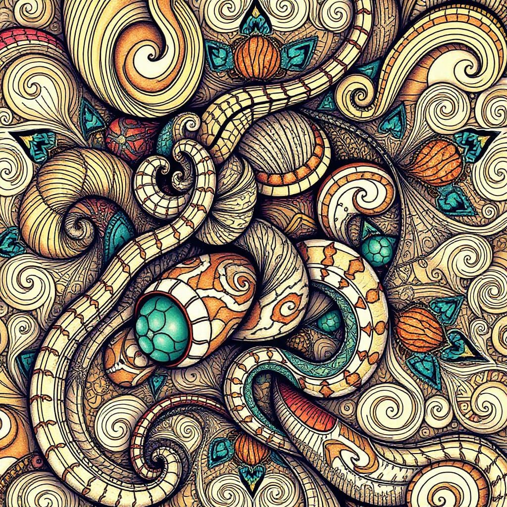 Surreal Zentangle Masterpiece with Intricate Serpentine Patt...
