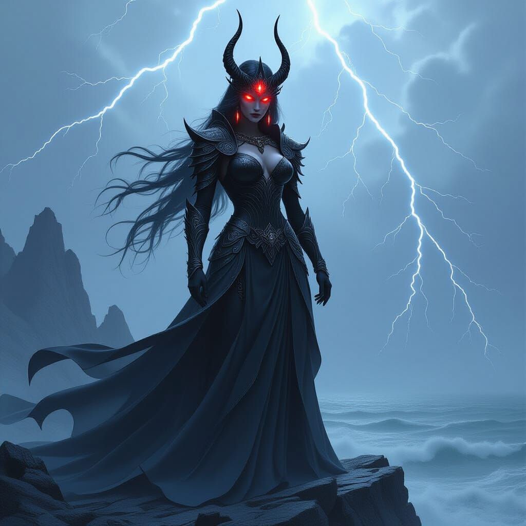 Dark Fantasy Goddess Commands Stormy Sea
