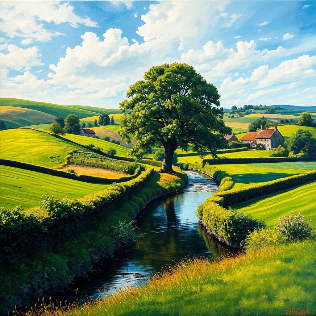 English Countryside Summer Scene in Vibrant Oil on Canvas