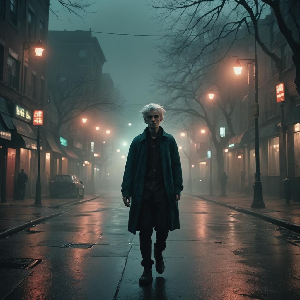 Teen in Foggy City Street with Cinematic Lighting
