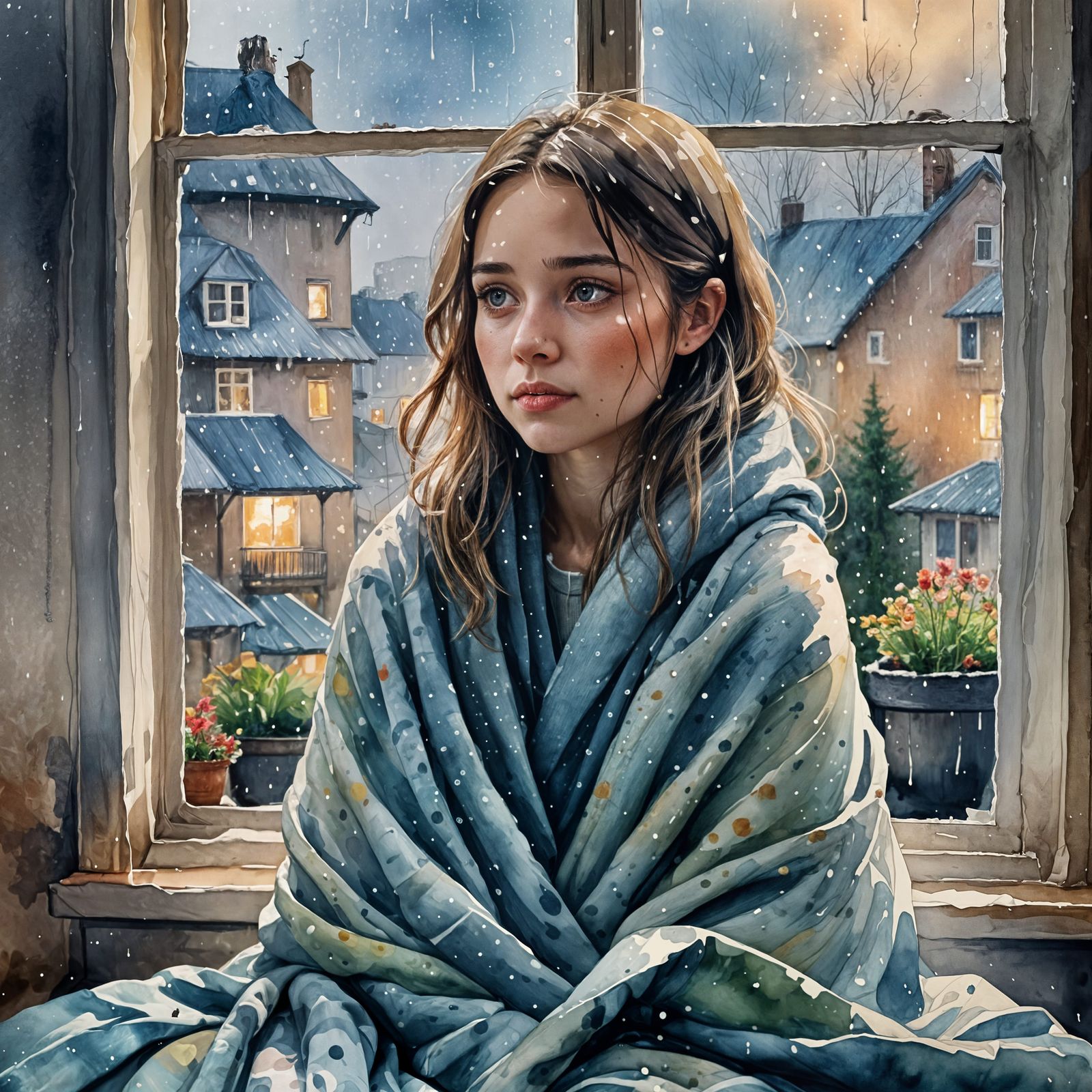 Girl Gazing at Rainy View From Home Window