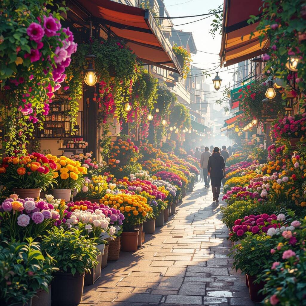 Flower Market at Dawn in Hyperrealistic Style
