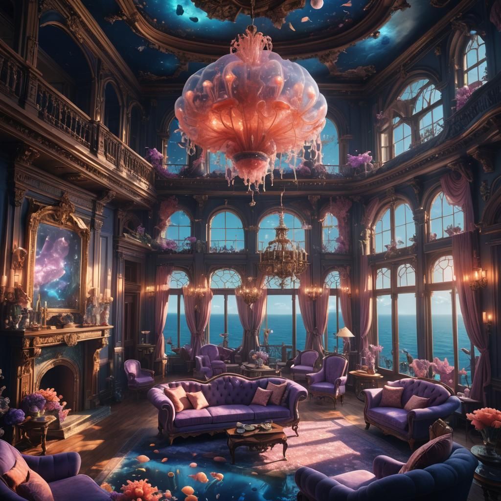 Submerged Victorian Mansion in Bioluminescent Ocean