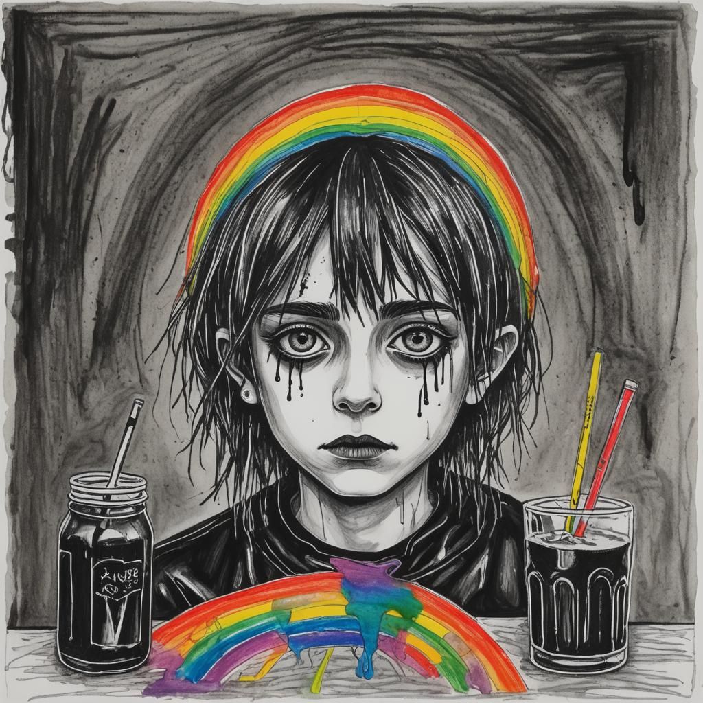 Gloomy Goth Teen: A Child's Surreal Crayon Drawing