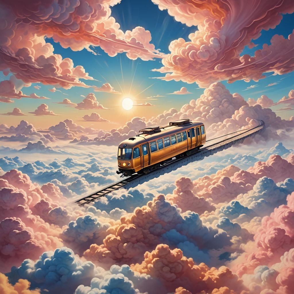 Surreal Train Car Floating Over Clouds in Anime Style