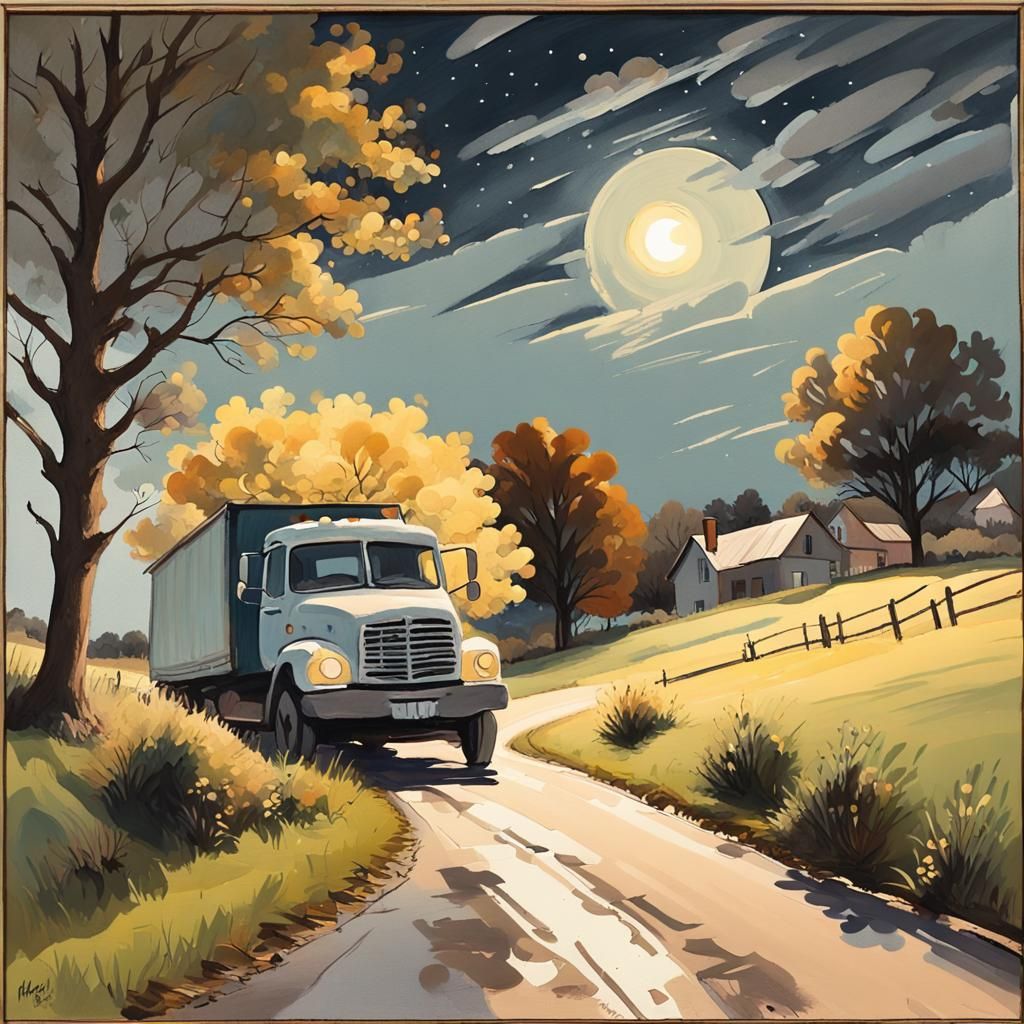 Whizzy Splood Truck on Rural Road in Gouache