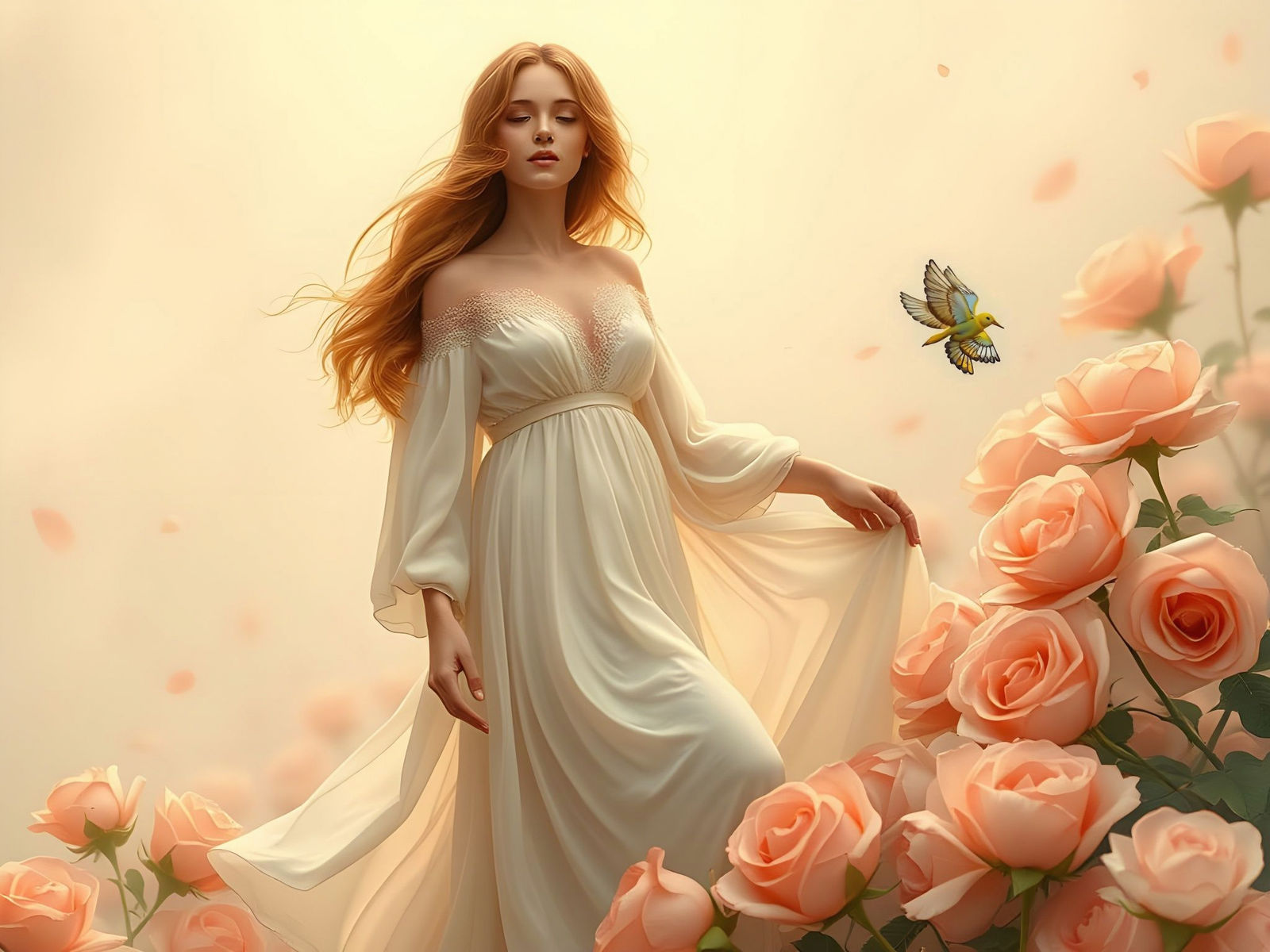 Ethereal Goddess Among Rose Petals and Dew