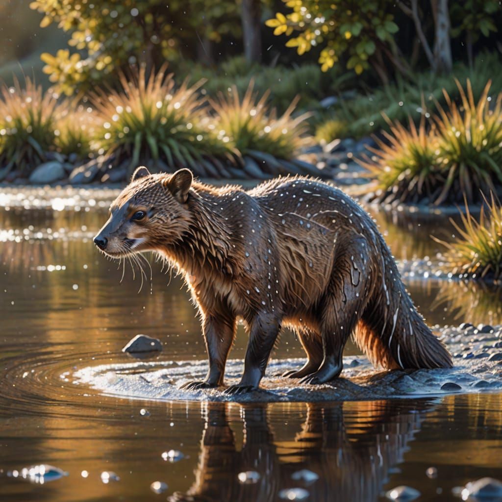 Brown and White Aquatic Mammal on Lakeshore in Oil Painting