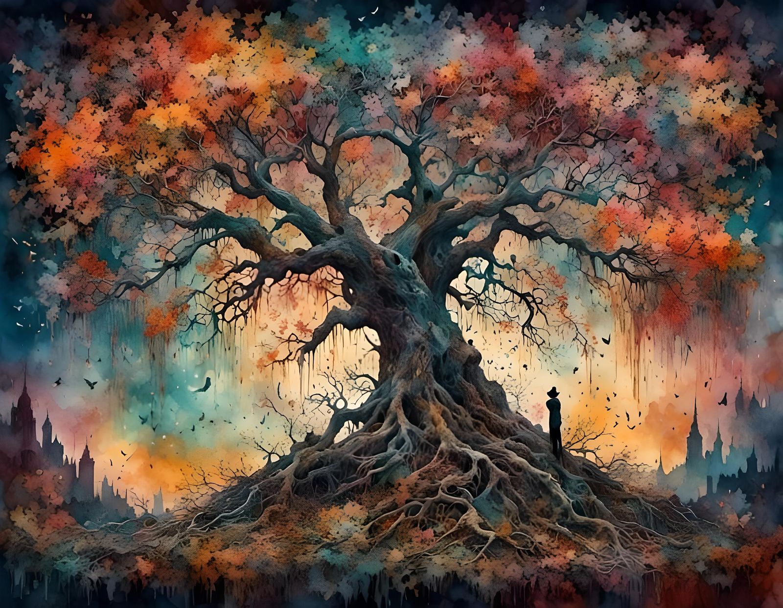 Grotesque Digital Garden: A Midnight Watercolor Tree