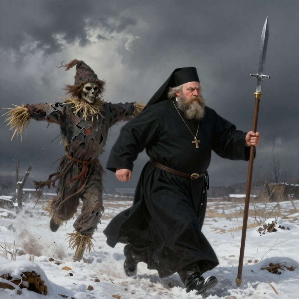 Corpulent Priest Chases Scarecrow in Stormy Field
