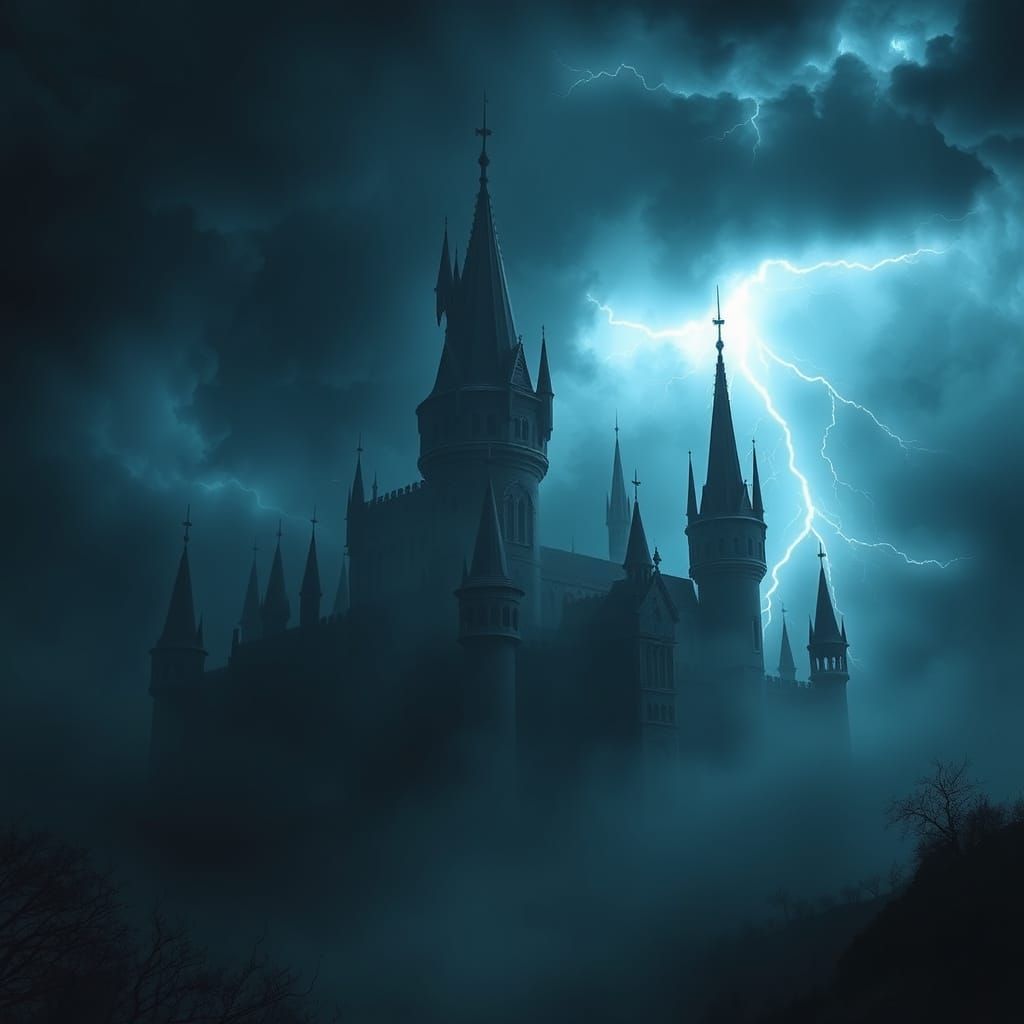 Dark Castle Enveloped in Turbulent Black Fog