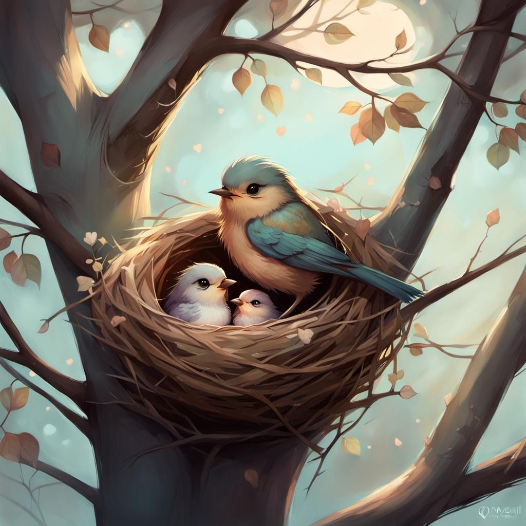 Melancholic Bird Nest Art in Muted Colors