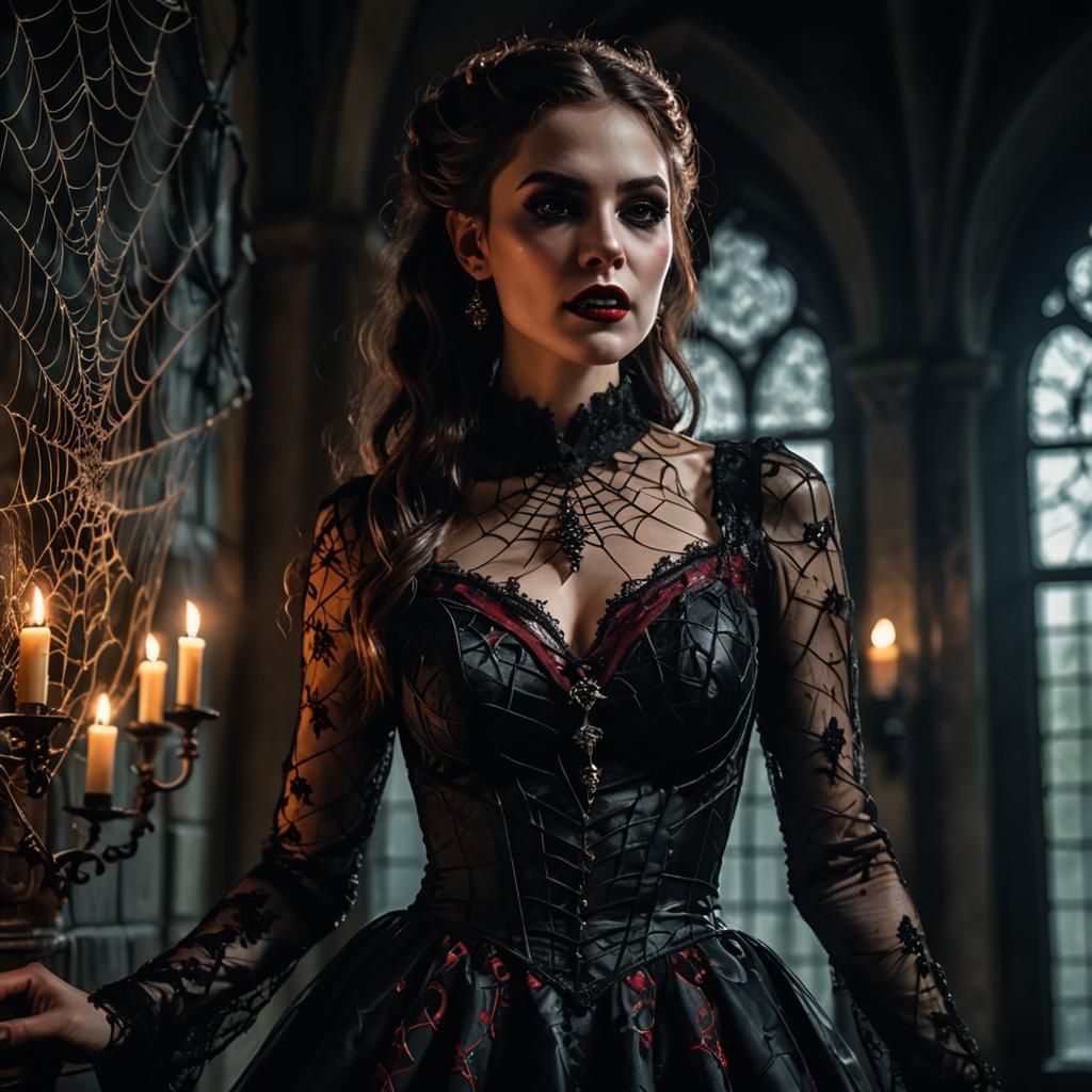 Gothic Vampire Girl in Spiderweb Dress Portrait