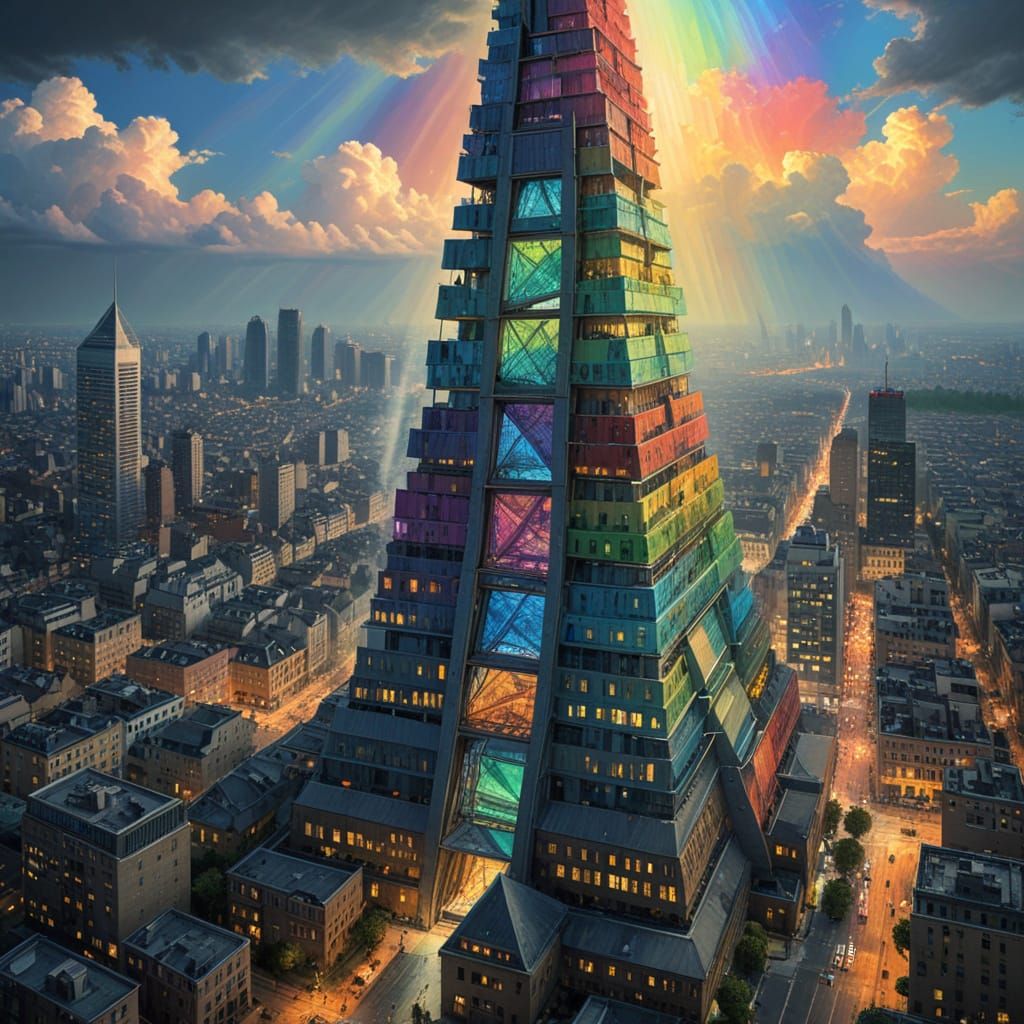 Vibrant Rainbow Megastructure in Urban Landscape