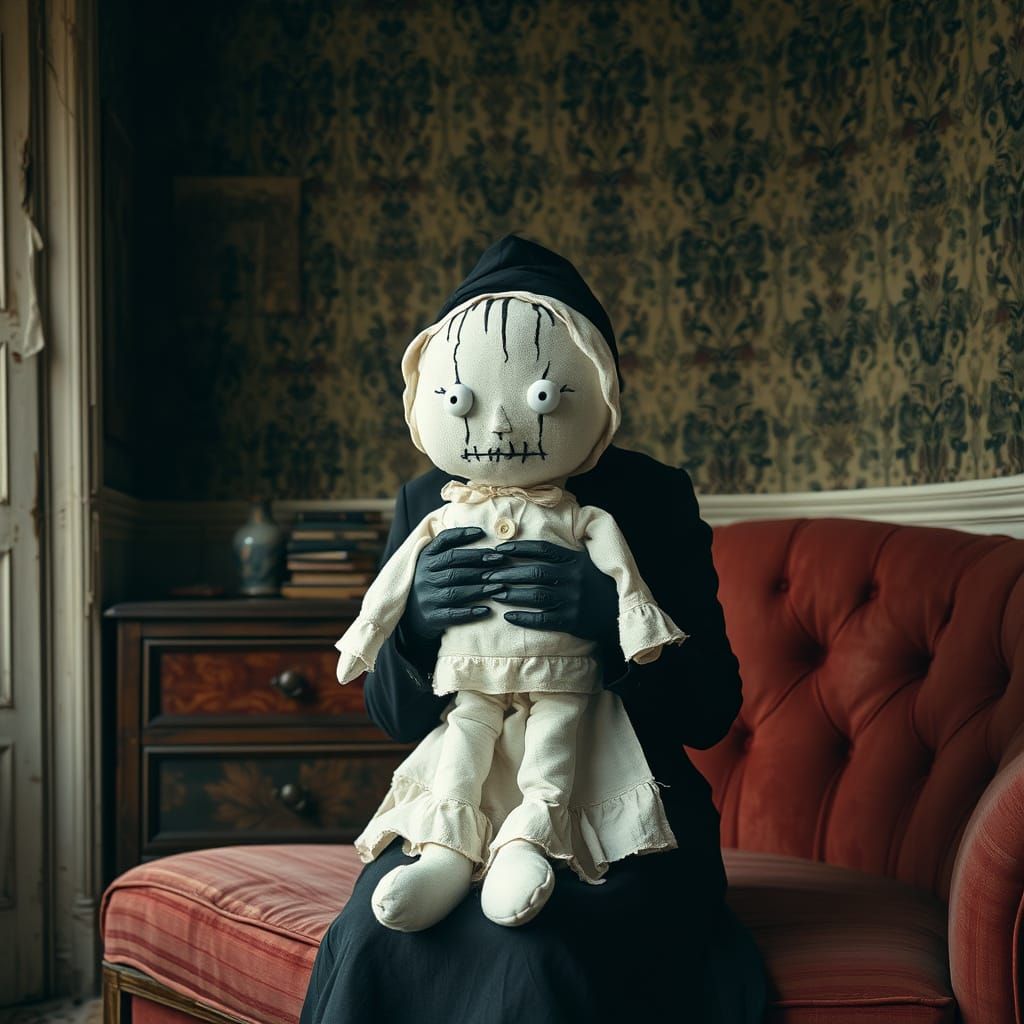 Woman in Black, Sewing a Rag Doll in a Sinister Room