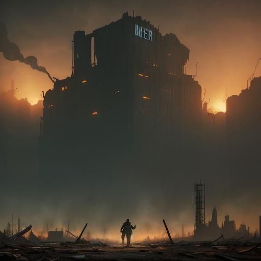 Wasteland Wanderer with Dog in Dystopian Sunset