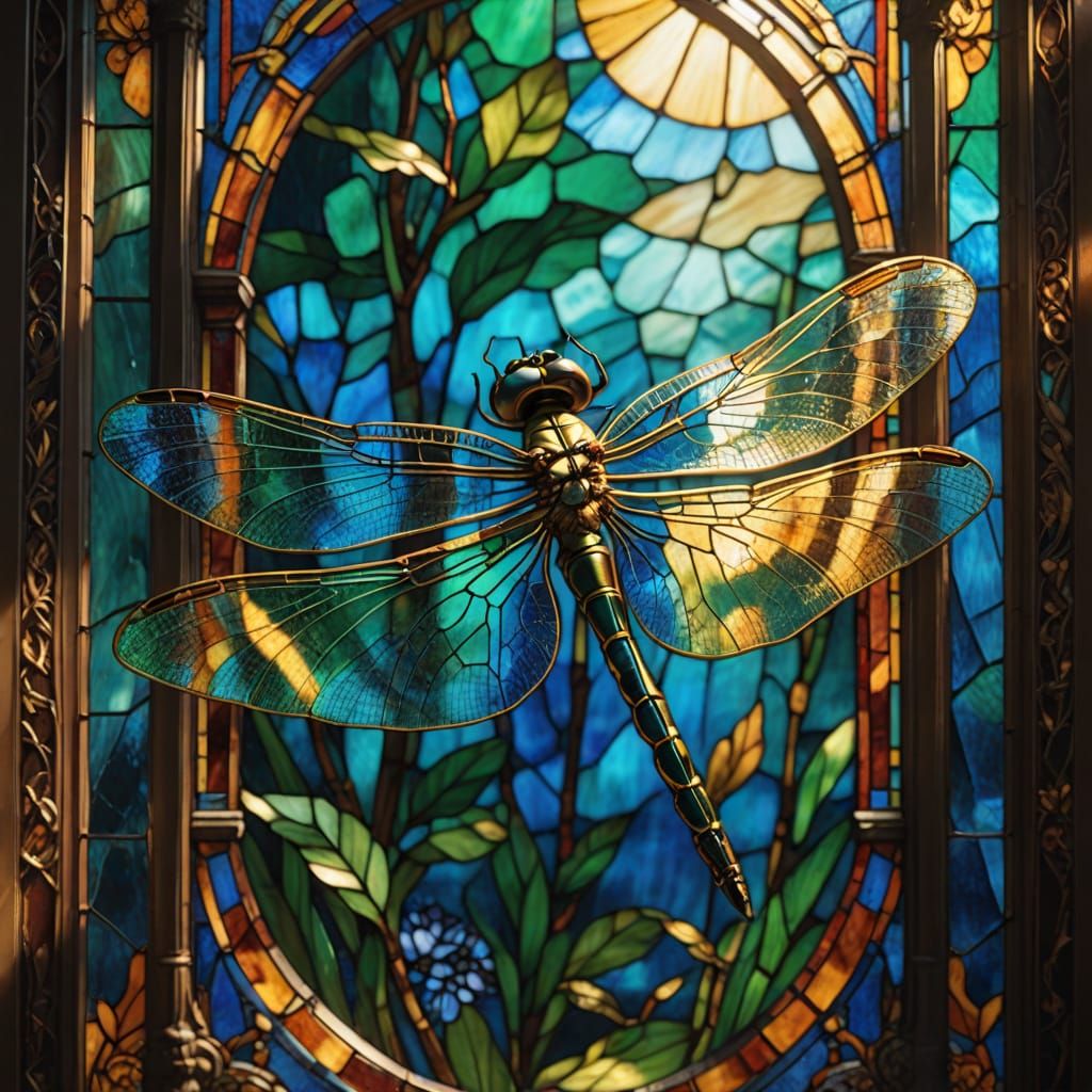 Vibrant Dragonfly Stained Glass Masterpiece in Warm Sunlight