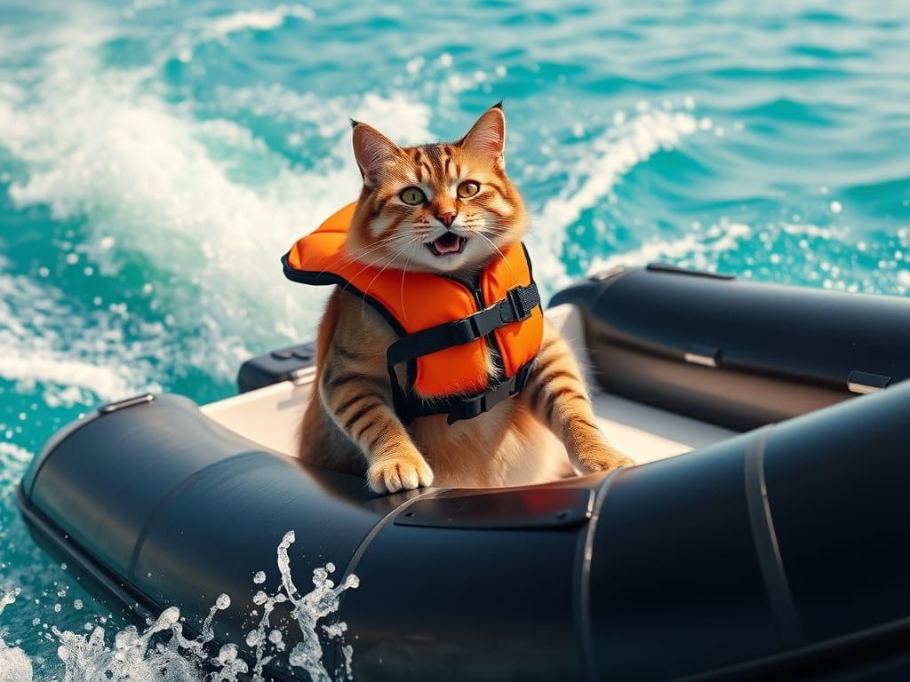 Joyful Cat Speeding on Turquoise Sea